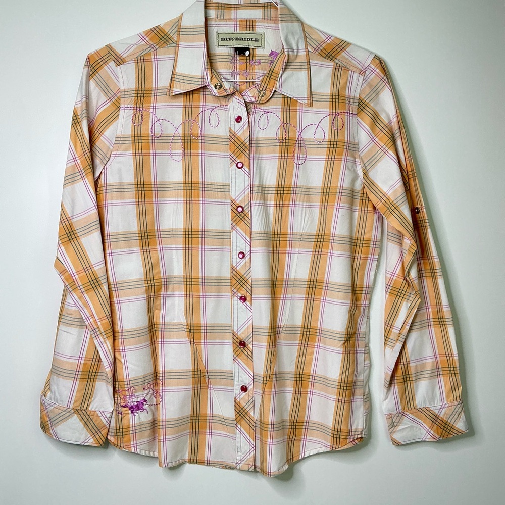 Bit & Bridle Shirt Women M Yellow Plaid Long Sleeve Button Up Horse Pre loved